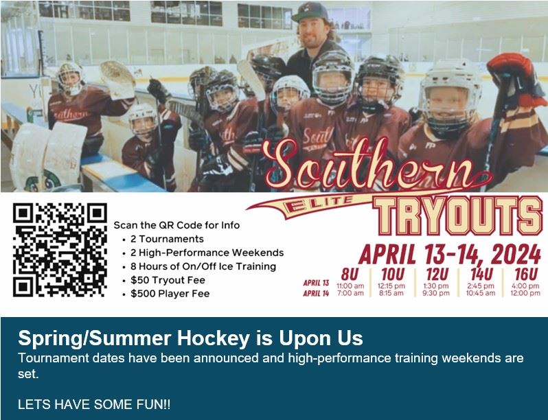 A flyer with details on the Southern Elite hockey team tryouts.